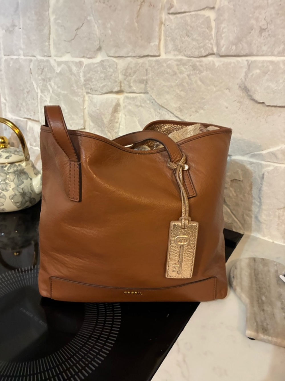 Fossil Cognac Leather Tote with Gold Tag